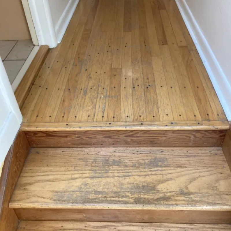 Oak hardwood hallway and step with visible nail holes and a worn surface before refinishing